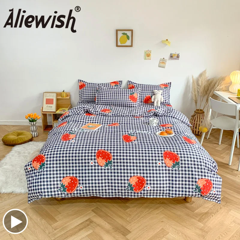 

Modern Strawberry Plaid Style Bedding Set Bed Sheet Home Printed Quilt Covers Double Queen King Size Duvet Cover Sets For Adult