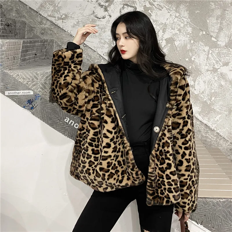 Модное леопардовое пальто из искусственного меха женская зимняя теплая мягкая