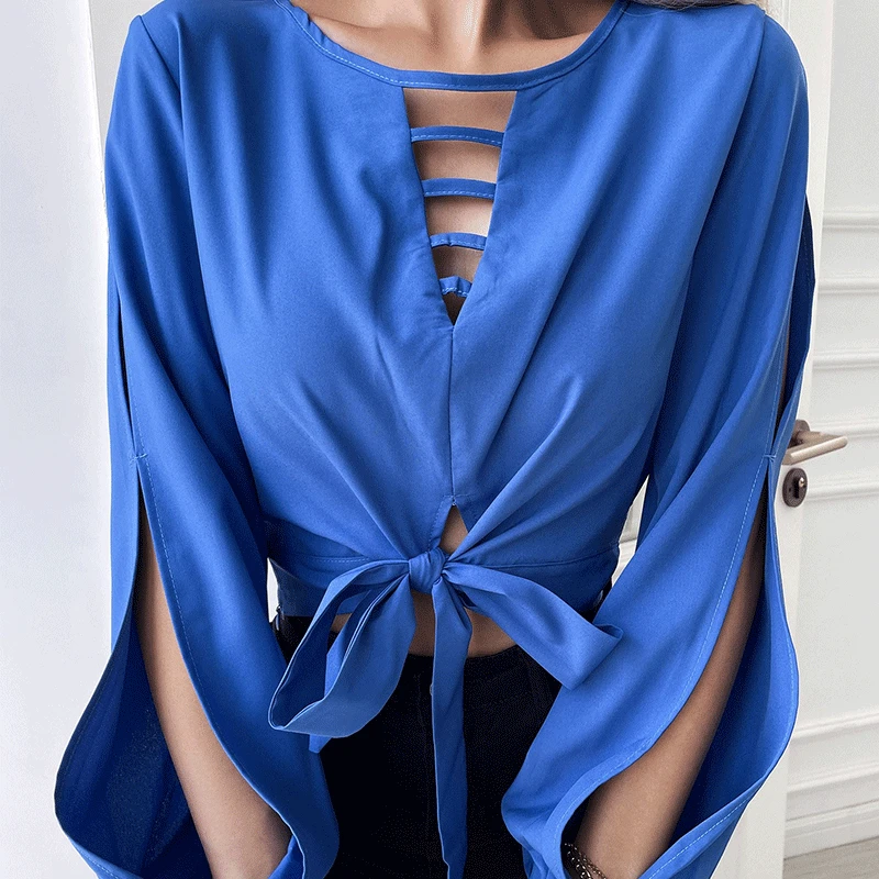 

Рубашка женская с длинным рукавом, элегантный облегающий Топ, сорочка с вырезами на бретелях, Модный повседневный бандажный однотонный топ ...