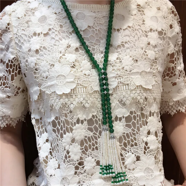 

Hot sell super beautiful natural white freshwater pearl green stone tassel long sweater chain necklace fashion jewelry