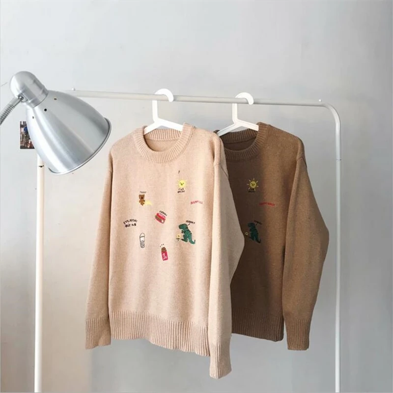 

Dropshipping Harajuku Embroidery Dinosaur Hamburger Bear Knit Sweaters Unisex Casual Knitwear Jumper Sweater Tops Pullover Men