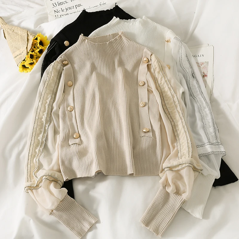 

Vintage Elegant Chiffon Patchwork Button Sweater Women Autumn New Half Turtleneck Puff Sleeve Pullovers Japanese Sueter Mujer