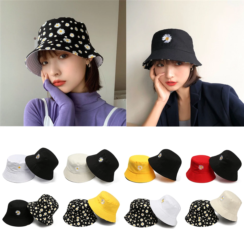 

2021 Hot Sale Fashion Daisies Double-Sided Bucket Hat Cotton Foldable Casual Fisherman Cap Outdoor Sunscreen Hat for Women Men