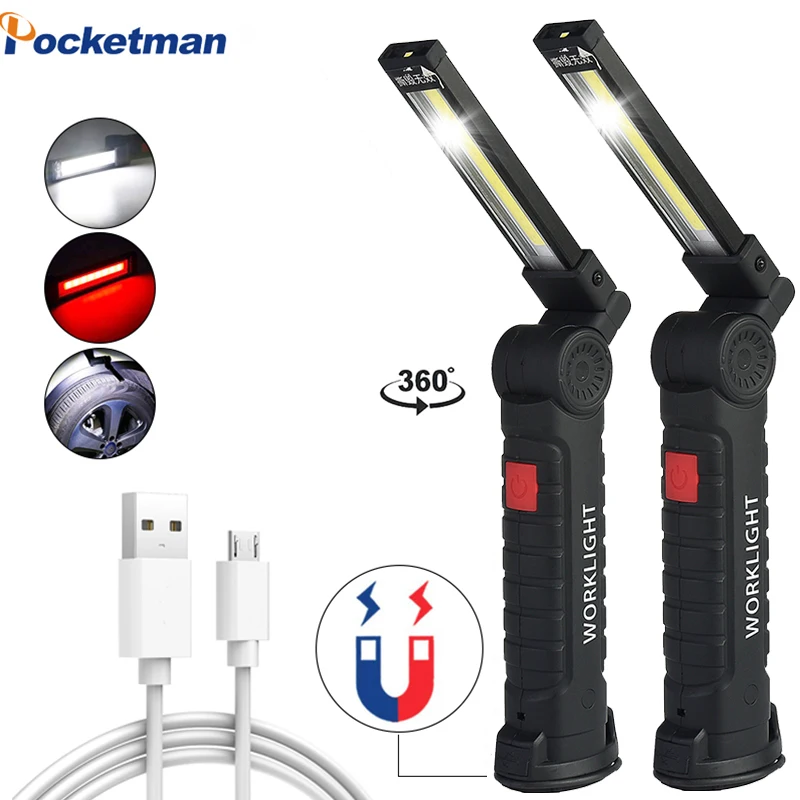 Светодиодный магнитный фонарик складной USB Перезаряжаемый COB фонарь с 5 режимами