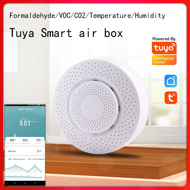 

Умный воздушный бокс с Wi-Fi Tuya, формальдегид, VOC, диоксид углерода, температура, датчик влажности, автоматический детектор сигнализации