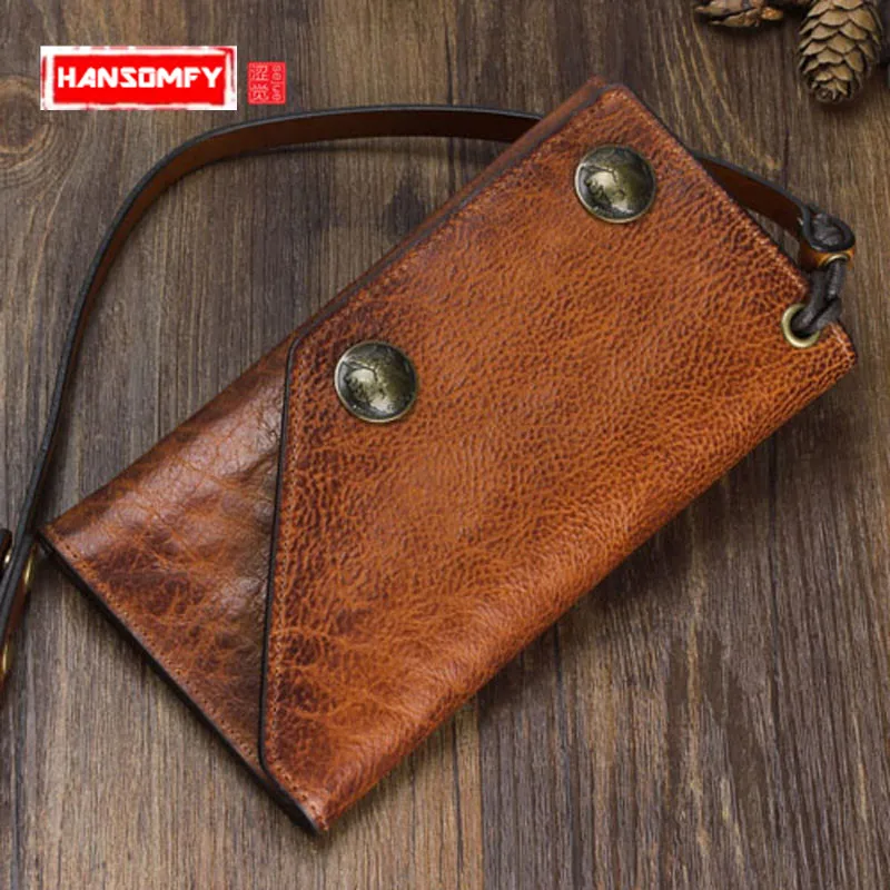 Pure Long Retro Leather Men Wallet Men and Women Clutch Bag Anti-theft Chain Purses Multi-functional First Layer of Leather