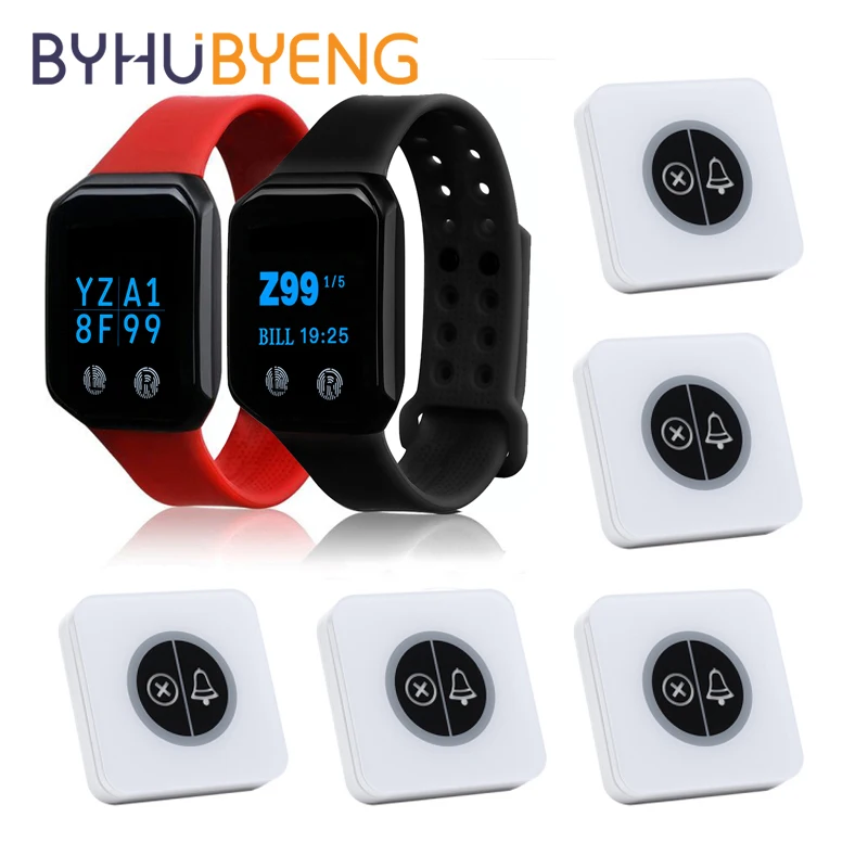 

BYHUBYENG 433MHz Wireless Call Bell Restaurant 5pcs Button Transmitter 2 Watch Receiver for Coffee Shop Waiter System