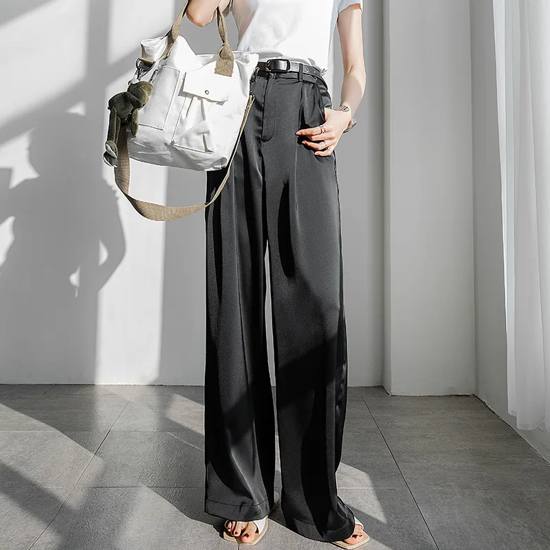 

Silky High Waist Wide Leg Pants Women Korean Style Casual Solid Color Female Capri Loose Long Trousers With Pockets and Zipper