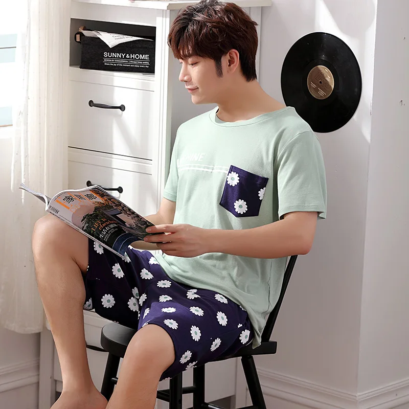 Летняя мужская одежда для сна отдыха Хлопковая пижама костюмы из чистого хлопка