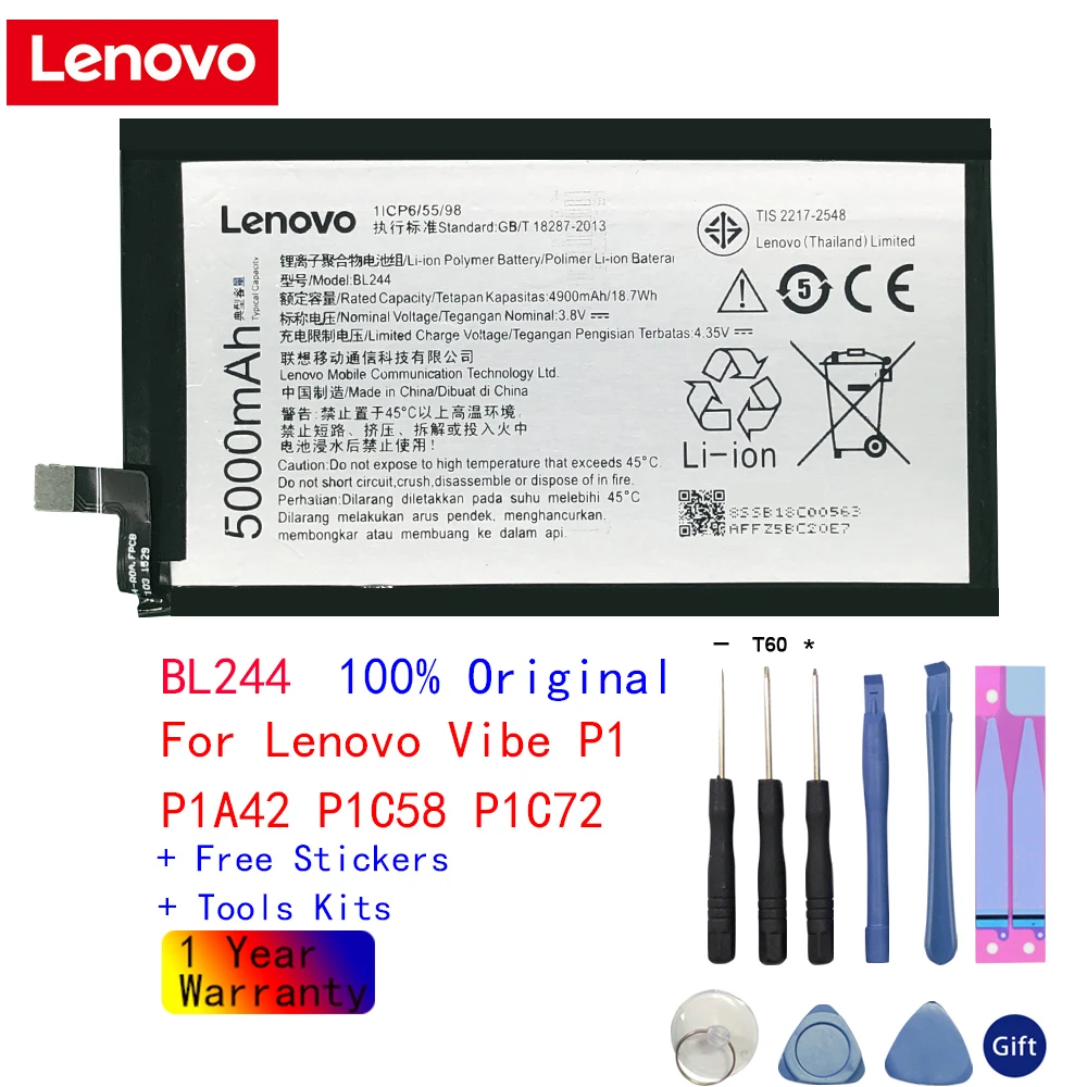 Original BL244 Lenovo Battery For Lenovo Vibe P1 P1A42 P1C58 P1C72 5000mAh Smart Mobile Phone Replacement Batteries Bateria