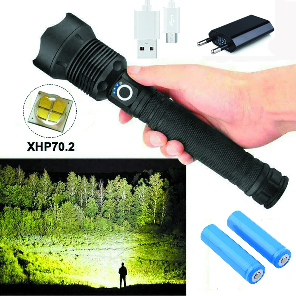 

Светодиодный фонарик XHP70 фонарь телескопическим зумом, перезаряжаемый от USB тактический фонарик для охоты, кемпинга, фонарик с батареей 26650