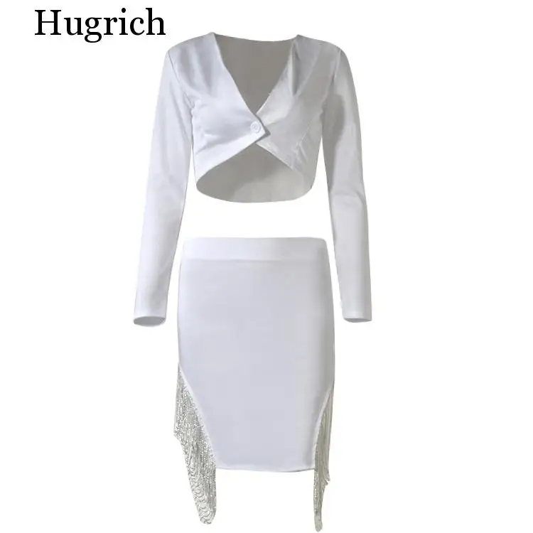 

Solid Plunge Neck Long Sleeve Blazer Tops & Side Tassel Sequined Skirts Set Sexy Women Two Piece Set