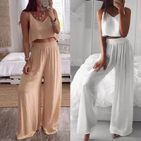 women sleeveless solid color skin friendly sling v neck top wide leg pants outfit tracksuit