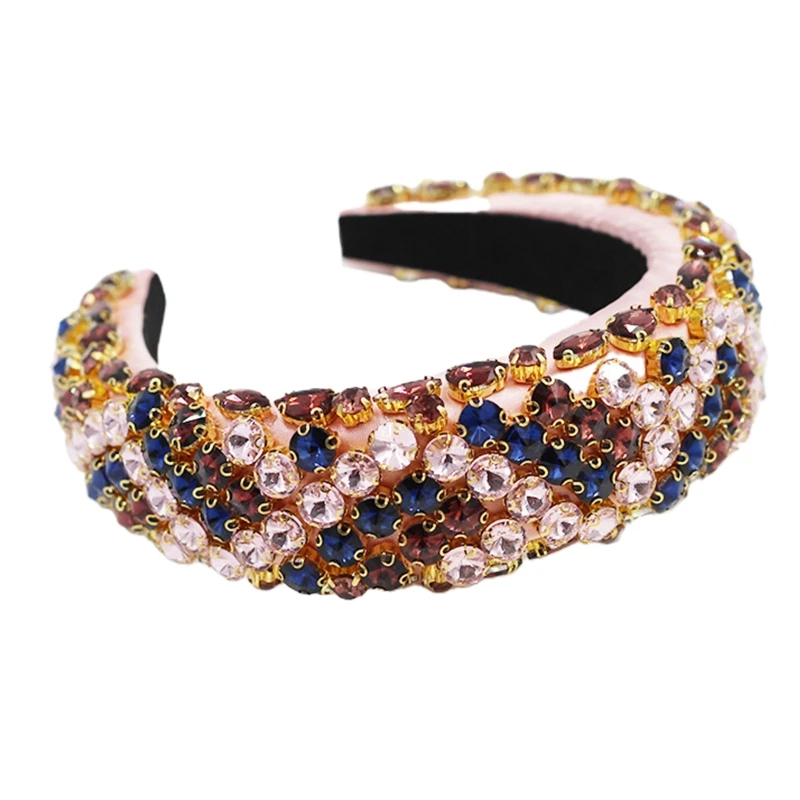 

Ladies Baroque Luxurious Headband Contrast Color Crystal Striped Jewelry Hair Hoop Vintage Thick Sponge Padded Bandana