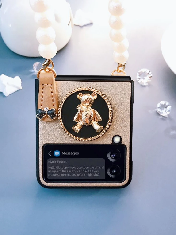 

Samsung Galaxy Z Flip3 Folding Screen Retro Bear Lanyard Mobile Phone Case Full Package Anti Fall Portable Protective Case Femal