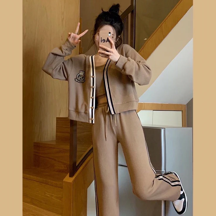 

Women 3 Piece Set Knitting Tracksuit Sets Autumn Winter Stitching Stripes Pearl Button Sweater Tops+ Short Vest+ Wide Leg Pants