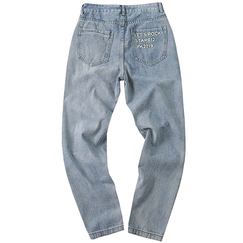 2021 New Arrival Letter Print Punk Rock Men Hip Hop Jeans Pants Washed Blue Casual Cotton Denim Trousers For Teens Ropa Hombre
