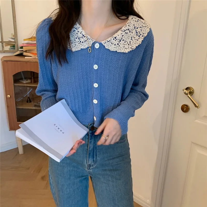 

Хит продаж 2021, Осенний Однотонный свитер HziriP с вырезами, однобортный свитер с отложным воротником и кружевом, Модный мягкий свитер в Корейск...