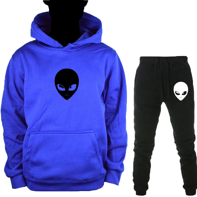 Blue-H-HeiK Alien толстовка с капюшоном+ брюки костюм для мужчин женщин осень зима пуловер Толстовка Топы с принтом по всему миру спортивный костюм повседневная одежда - Цвет: Blue-H-HeiK