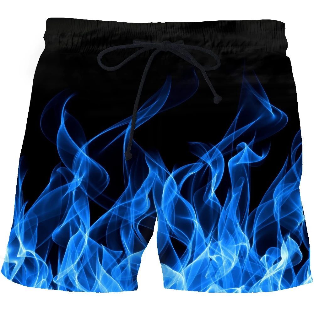 Men's 3d printed beach shorts, quick-drying blue flame fitness shorts, shorts with fun 3d street printing fashion 2021