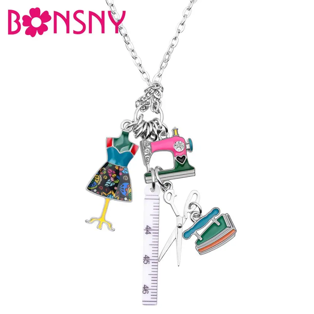Bonsny эффектная цепь эмалевая швейная машина ножницы линейка одежда Ожерелье
