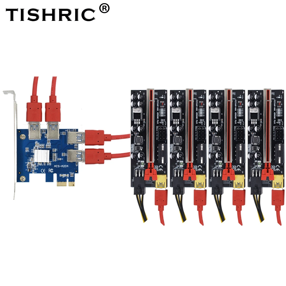 Карта расширения TISHRIC PCI-E, Райзер 009S/009C Plus PCI Express, множитель 1X 16X PCI x16 PCIE, USB адаптер с 1 на 4 слота для майнинга BTC - изображение