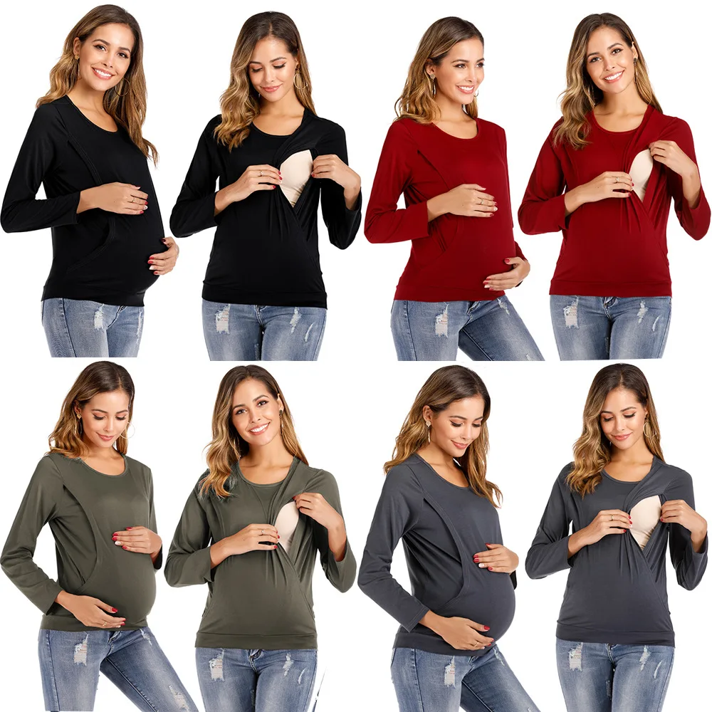 U Neck Solid Color Tops for Women Full Sleeves Round Neck Long Sleeve Maternity Wear Nursing T-shirt Simple Commuter Women Cloth