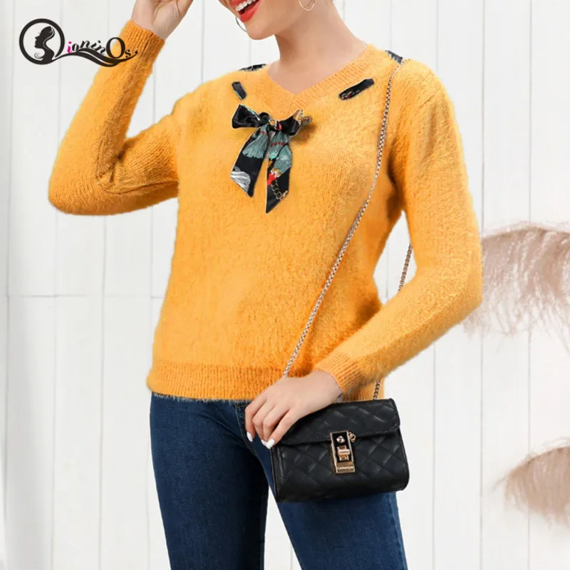 

Sweater Women Autumn Fashion Knitted V-neck Sweater Bow Lace-up Tops Slim Bottoming Jumper Pullovers
