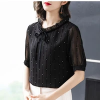 fat womans belly covered slim small shirt spring size womens mm loose jacket round neck lace chiffon shirt age reduction