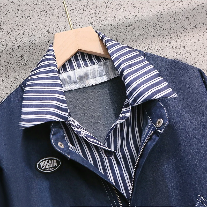 

SuperAen Plus Size Women's Autumn New Denim Patchwork Coat Fake Two-piece Jacket Striped Long Shirts