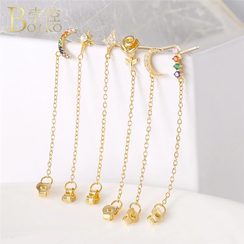 

BOAKO 925 Sterling Silver Earrings For Women Moon Star Tassel Earrings Girl Ear Bone Chain aretes Zircon Rose Flower Earring Z5