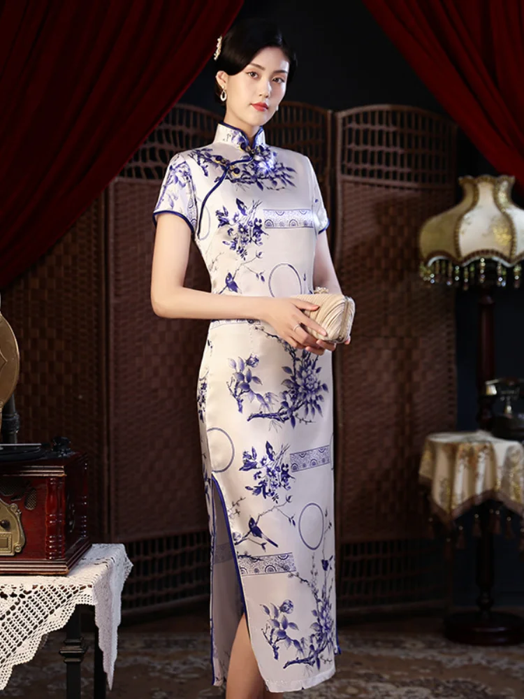 

10 Colors High Quality Navy Blue Chinese Traditional Dress Women's Satin Wedding Plus Size Cheongsam Qipao Floral Midi Dress