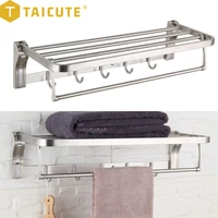 taicute 2021 bathroom towel rack shelf with hooks movable bar sus 304 stainless steel holder wall mount heavy duty accessories