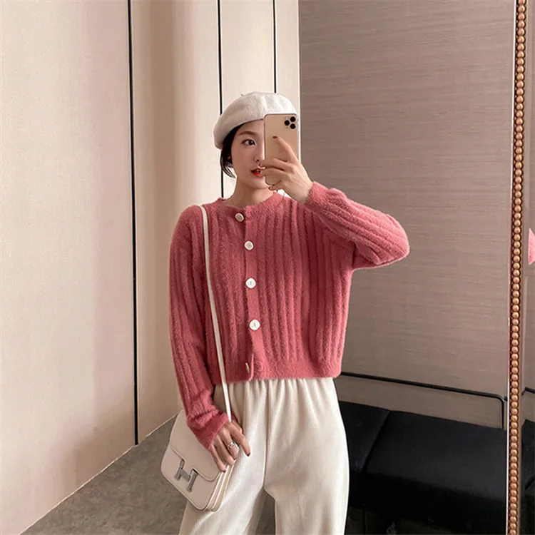 

fashion women pink knitted sweaters 2020 Korean style O-Neck long sleeven slim sweaters casual cardigans All-match sweater