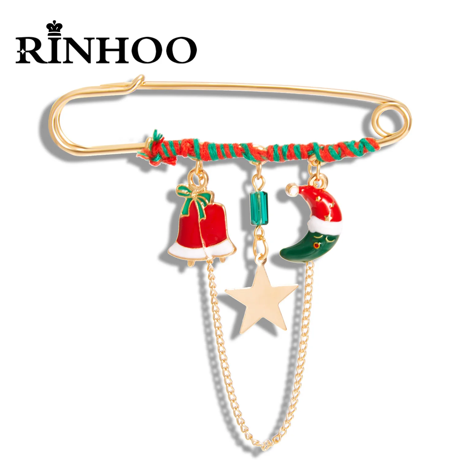 

Rinhoo Merry Christmas Brooch Xmas Jingle Bells Star Moon Pendant Chain Tassel Big Needle Pins Enamel Badge New Year Party Gifts