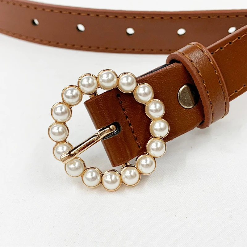 

Fashion pearl belt leather waist belts for women black ladies ceinture femme brown waistband students jeans cinto round buckle