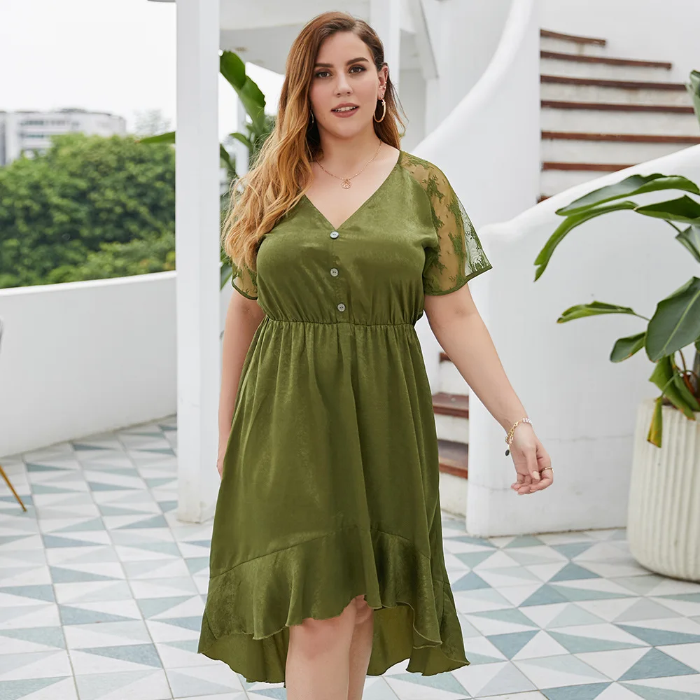

French Style V-Neck Short-Sleeve Dress Summer New Women Office Lady Clothing Green Straight Plus Size Irregular Hem Long Skirt