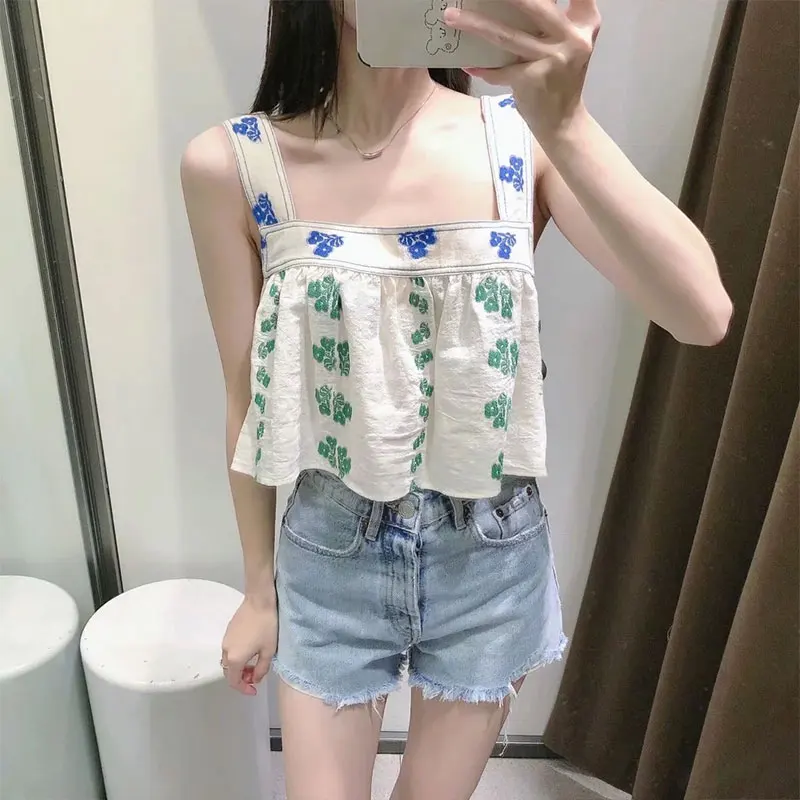 

Summer Women's Fashion Camisole+Pants set 2 pieces 2021Za Flowers Printing Short tops Sling Vest Loose Trousers Casual Clothing