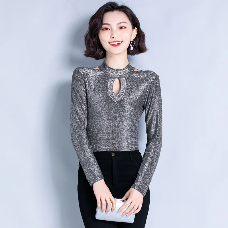 

2021 New Hot Off Shoulder Sexy Slim Fit Women Blouse Solid Long Sleeve Drill Stand Collar Bottom Tops Chemisier Femme 2001 8528