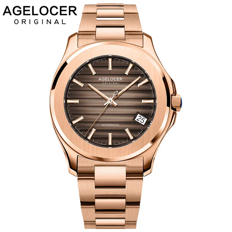 

AGELOCER Men Watches Swiss Self-winding Automatic Mechanical Wrist Watch Brown Top Brand Luxury Gold Watch Sapphire Glass Clock