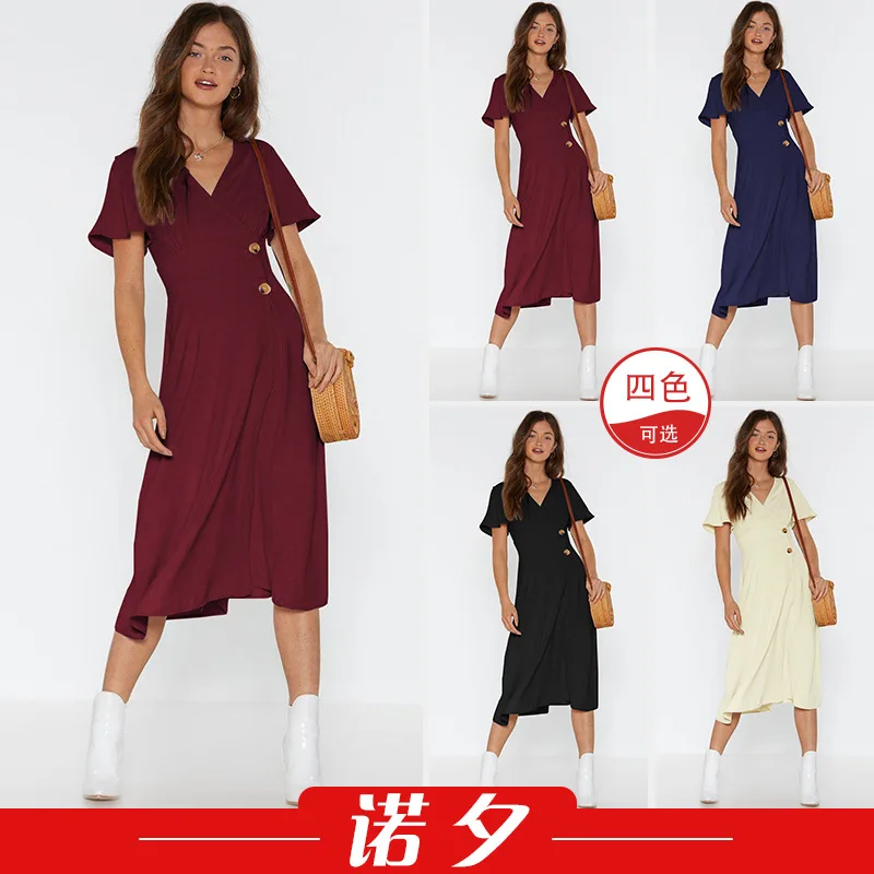 

2021 Spring European and American Women's Solid Color V-neck Short Sleeve Mid Length Dress 1530 Bodycon Dress