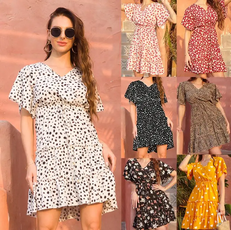 

Summer Women Vintage Long Dress Casual Cross V-neck Polka Dot Print Party Short Sleeve Dresses Female Boho Beach Holiday Dress