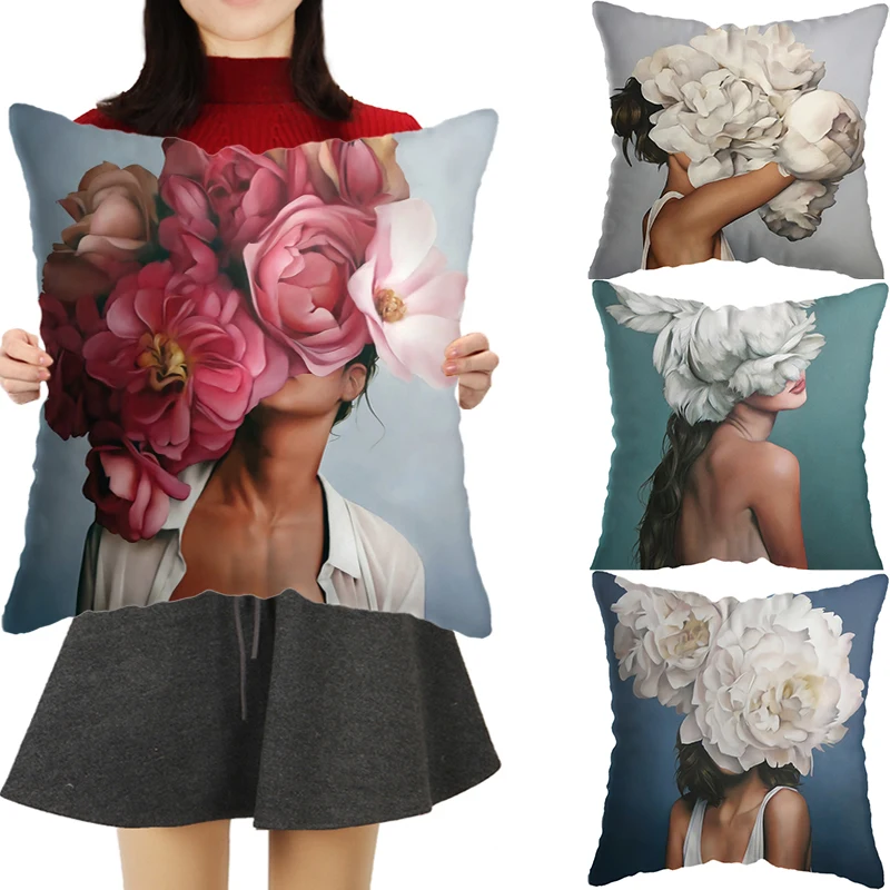 

Nordic style Cushion Cover Decor Sexy Woman Flowers Feather Print Pillowcase for Sofa Home Super Soft Short Plush Pillow Case