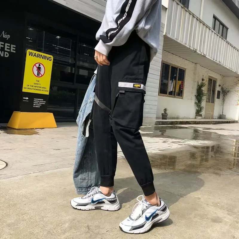 Брюки карго Джоггеры мужские черные шаровары мульти-карман ленты тренировочные