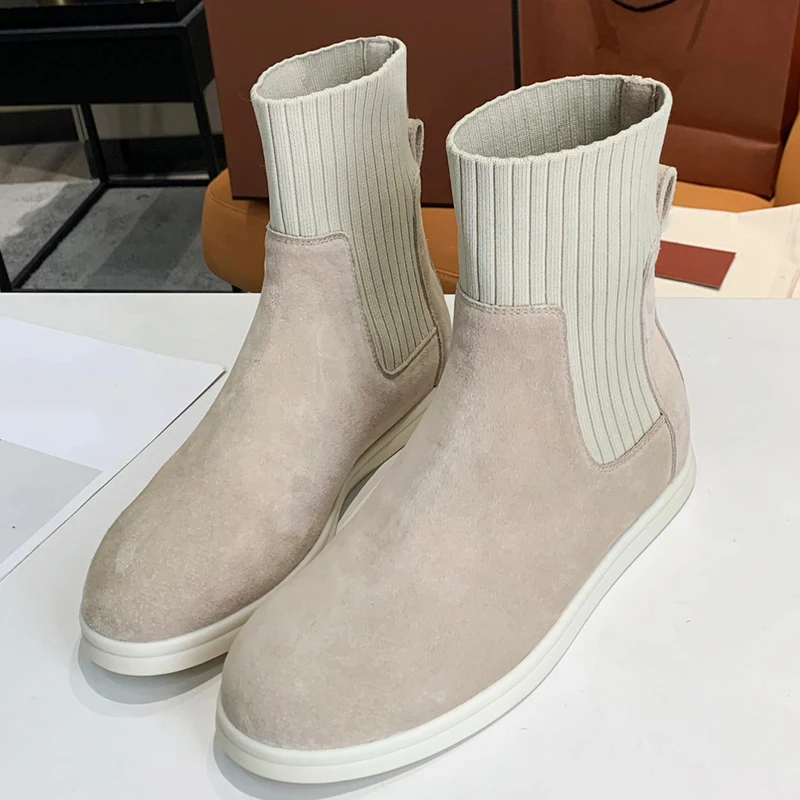 Koop Ronde Neus Enkellaarsjes Voorjaar Merk Ontwerp Vrouwen Schoenen Vintage Elastische Gebreide Vrouwelijke Platte Laarzen