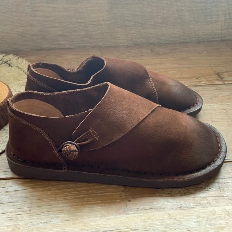 

Careaymade-Forest retro literature art round head rubbed soft leather buckle personalized comfort flat sole women's single shoes