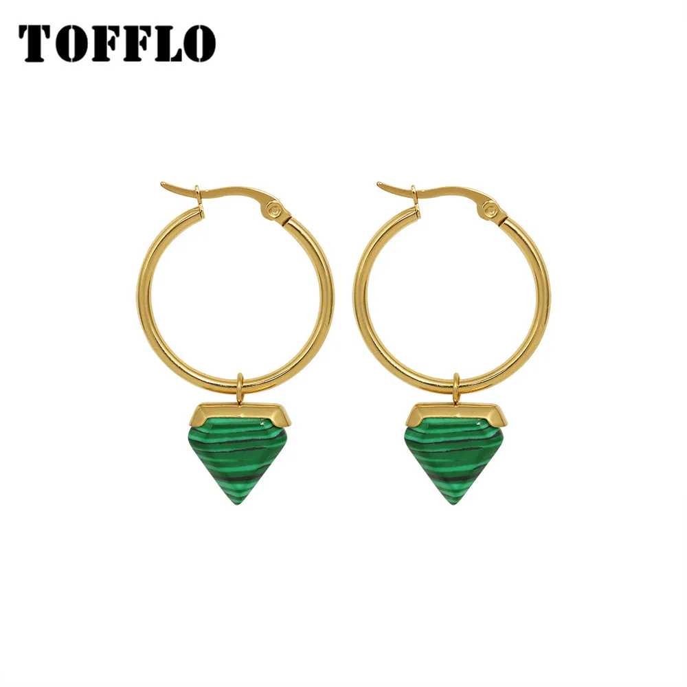 

TOFFLO Stainless Steel Jewelry 18 K Gold Female Retro Earrings Triangular Pendant Natural Turquoise Earrings BSF506
