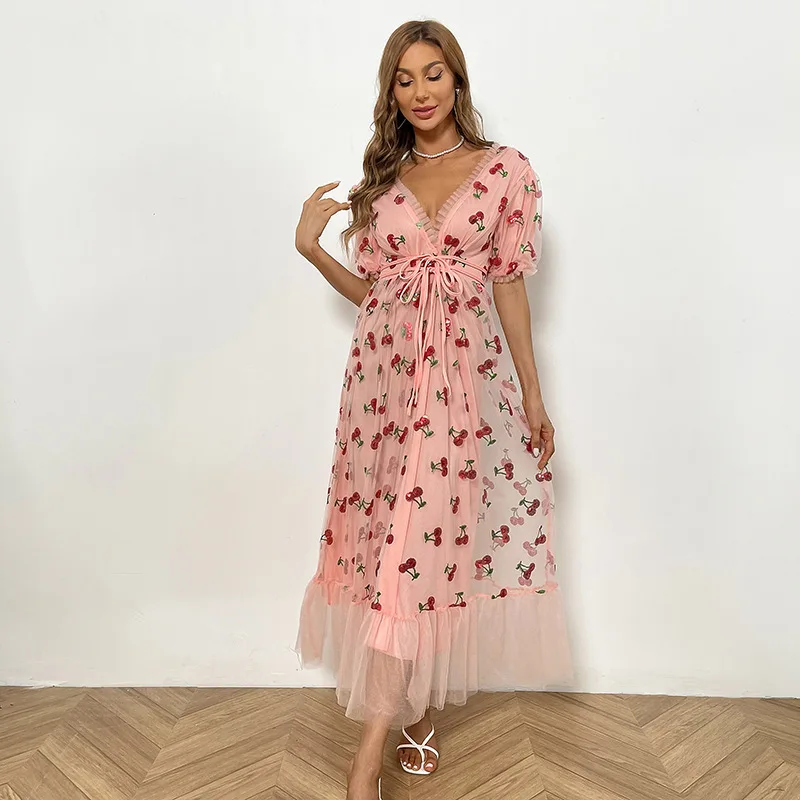 

Summer Sequin Mesh Sweet Lolita Women Long Party Cherry Dress High Waist Black Pink Tulle Maxi Dress Original Quality