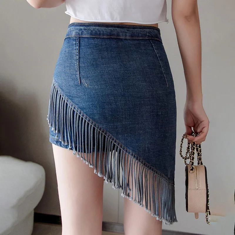 

Tassel Summer Denim Skirt Zipper High Waist Korean Short Skirt Women Mini Jeans Skirt Sexy Warp Skirts Vintage Pencil Korean