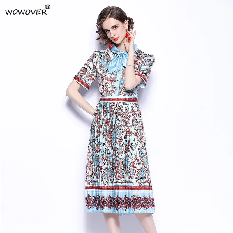 

Bow Collar Runway Short Sleeve Printed Vintage Pleated Dress Women Designers Summer Robe Elegant Midi Casual Party Beach Vestido